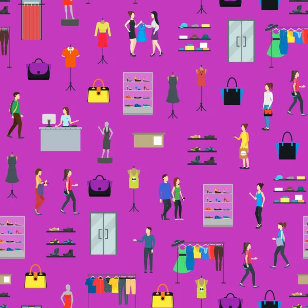 Gente de dibujos animados en la tienda de ropa Fondo de patrón sin costuras. Vector — Vector de stock