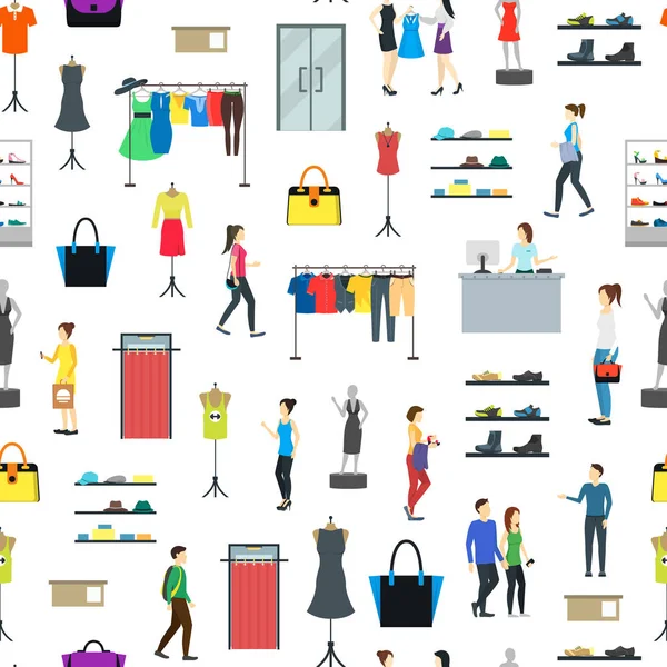 Cartoon People in Clothing Store Seamless Pattern Background. Vector — Stock Vector