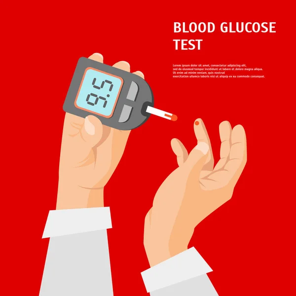 Cartel de la tarjeta del glucometer de las manos del concepto de la diabetes de la historieta. Vector — Vector de stock