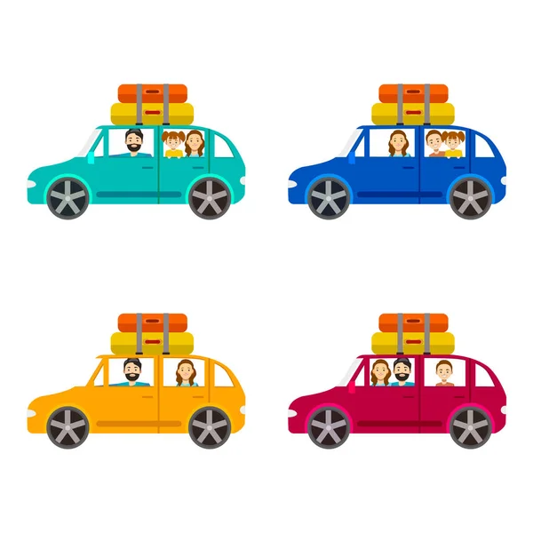 Viaje de la familia de dibujos animados en coche conjunto. Vector — Vector de stock