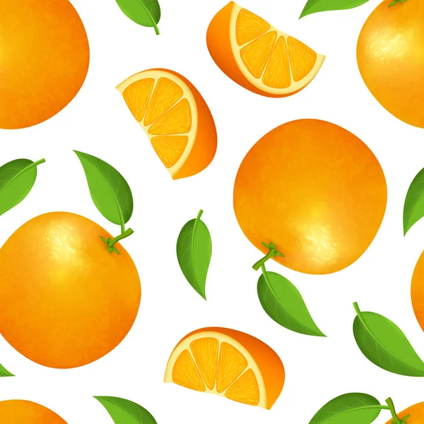 Realista detallado 3d naranja entera y rebanada sin costura Patrón de fondo. Vector — Vector de stock