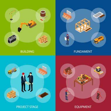 3D ayarla İnşaat Sanayi kavramı afiş izometrik görüntüleyin. Vektör