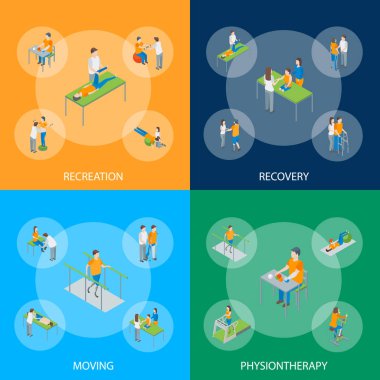 Fizyoterapi insanlar afiş 3D ayarla izometrik görüntüleyin. Vektör