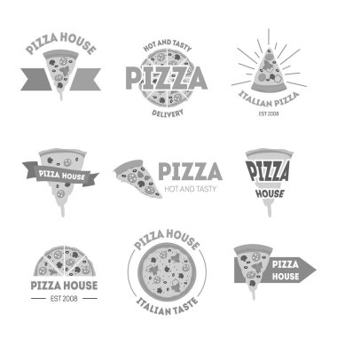 Çizgi film siluet siyah Pizzeria işaretleri küme. Vektör