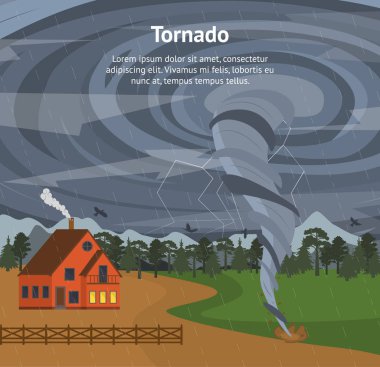 Çizgi film House ve Tornado kartı Poster. Vektör