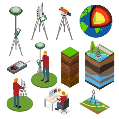 Earth Exploration Sign 3d Icon Set Isometric View. Vector clipart