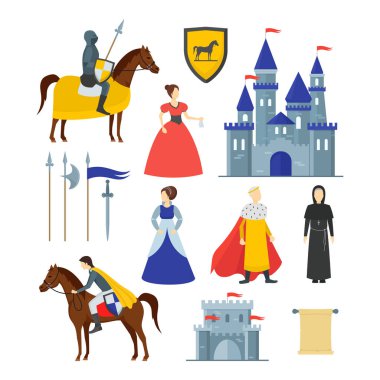 Çizgi film Ortaçağ Knight işaretleri Icon Set. Vektör
