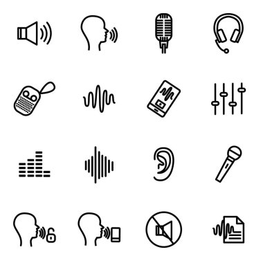 Konuşma tanıma cihazı işaretleri siyah ince çizgi Icon Set. Vektör