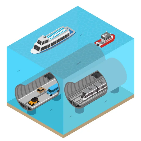 U-Bahn-Tunnel unter Wasser Konzept 3D isometrische Ansicht. Vektor — Stockvektor