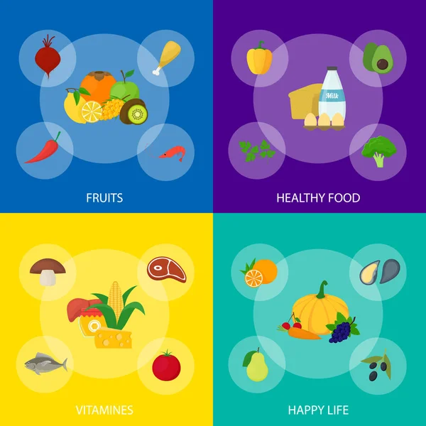 Cartoon Healthy Food Signs Color Banner Set. Vector — Archivo Imágenes Vectoriales