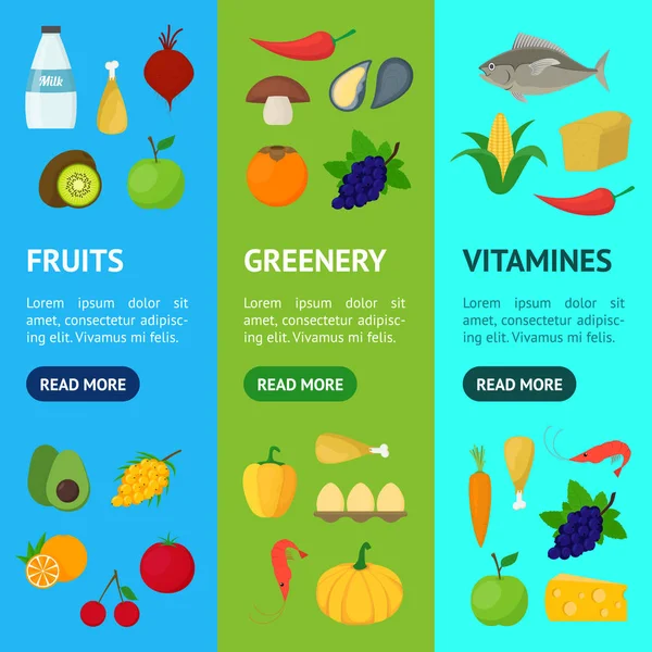 Dibujos animados alimentos saludables signos Banner Vecrtical conjunto de colores. Vector de — Vector de stock