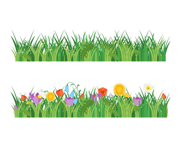 Cartoon Garden Flowers and Green Grass Line Set. Vector