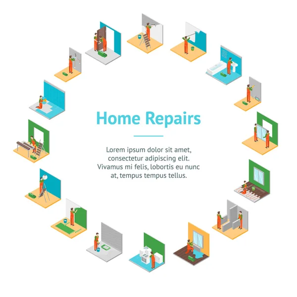 Home Repair Worker People 3d Banner Card Circle Isometric View. Vector — Stock Vector