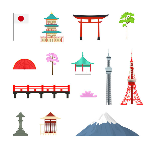 Cartoon Japan Travel Signs Icon Set. Vector