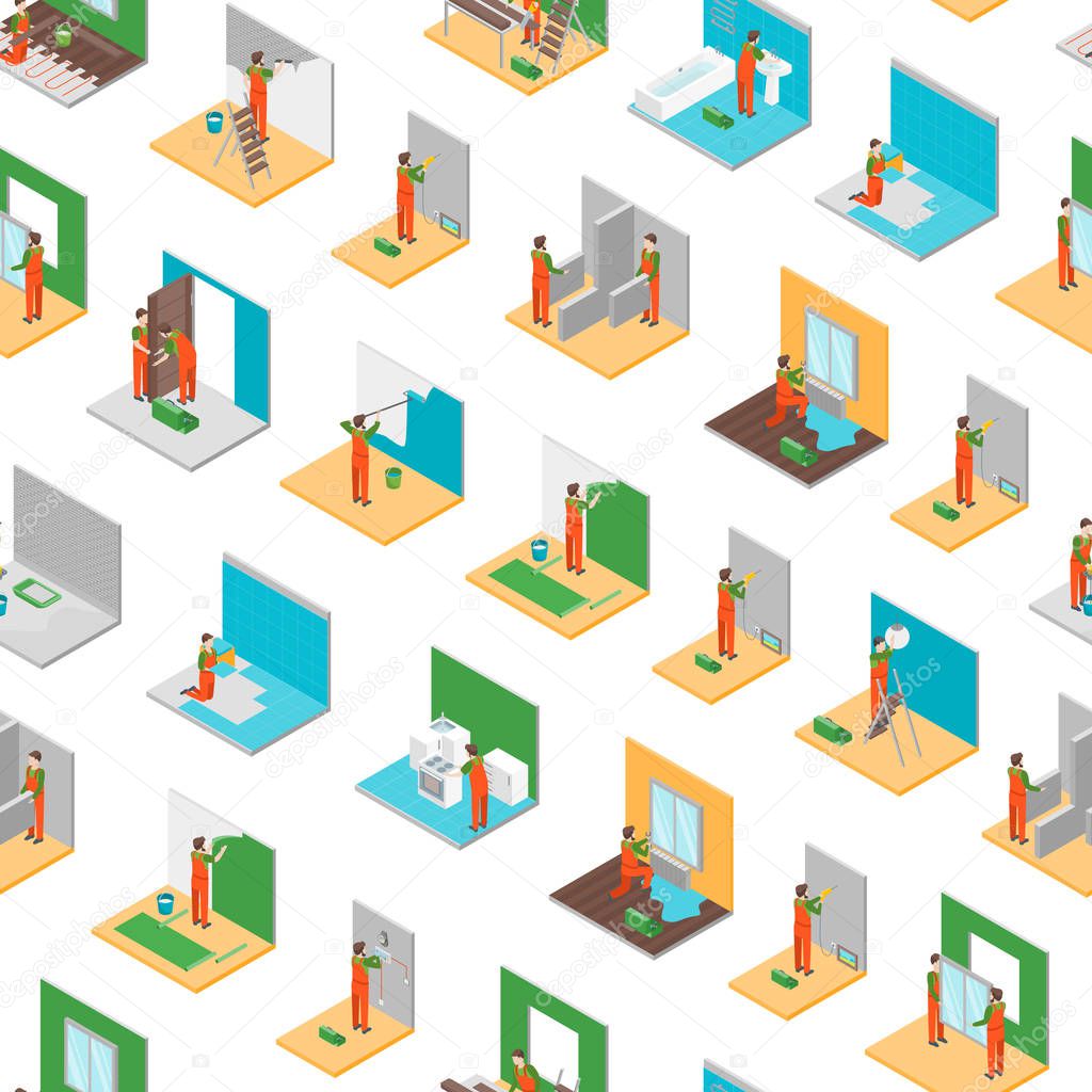 Home Repair Worker People 3d Seamless Pattern Background Isometric View. Vector