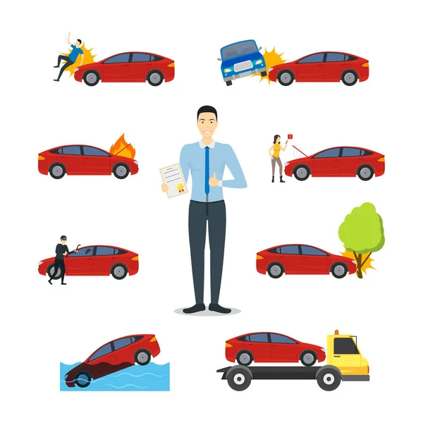 Cartoon Car Verzekeringen Pictogram Set. Vector — Stockvector