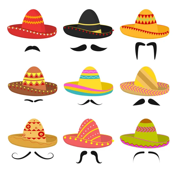 Cartoon messicano Sombrero Cappello Segni Icona Set. Vettore — Vettoriale Stock