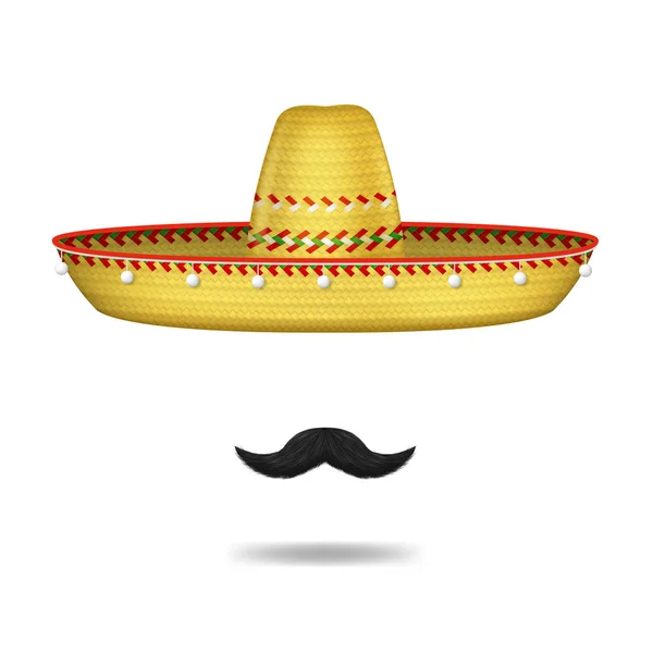 Gerçekçi 3d Detaylı Meksika Sombrero Şapka ve Bıyık Seti. Vektör — Stok Vektör