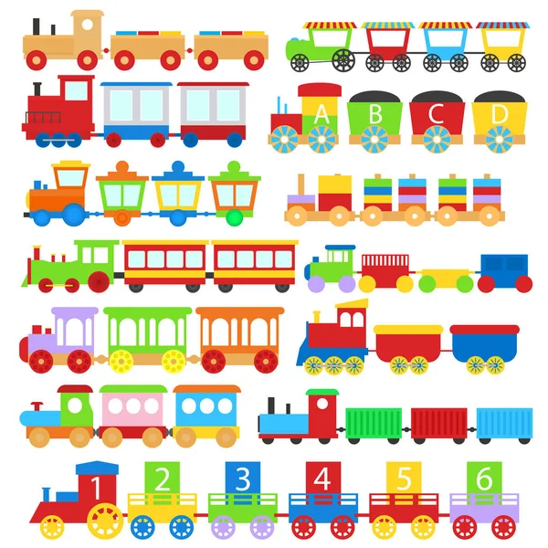 Dibujos animados tren juguete niños letreros icono conjunto. Vector — Vector de stock