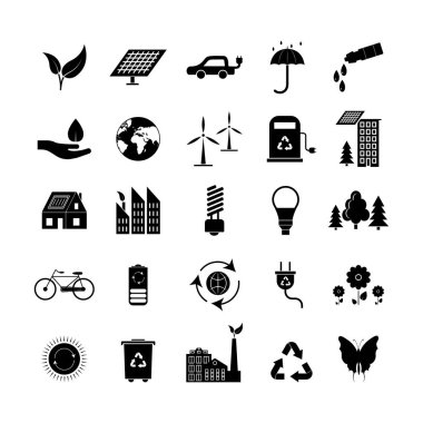 Çizgi film siluet siyah ekoloji işaretleri simgeler kümesi. Vektör