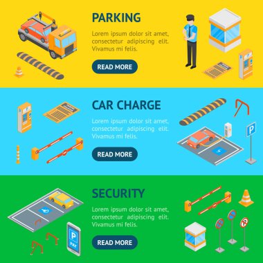 İşaretler otopark 3d afiş yatay izometrik görünümü ayarlayın. Vektör