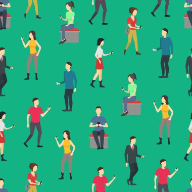 Çizgi film karakterleri insanlar cep telefonları Dikişsiz desen arka plan dikkat et. Vektör