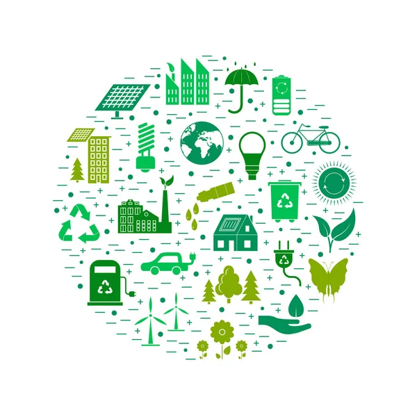 Çizgi film ekoloji işaretleri yeşil yuvarlak tasarım şablonu ekolojik güç kavramı düz tasarım stili. Eko sembol simge vektör çizim