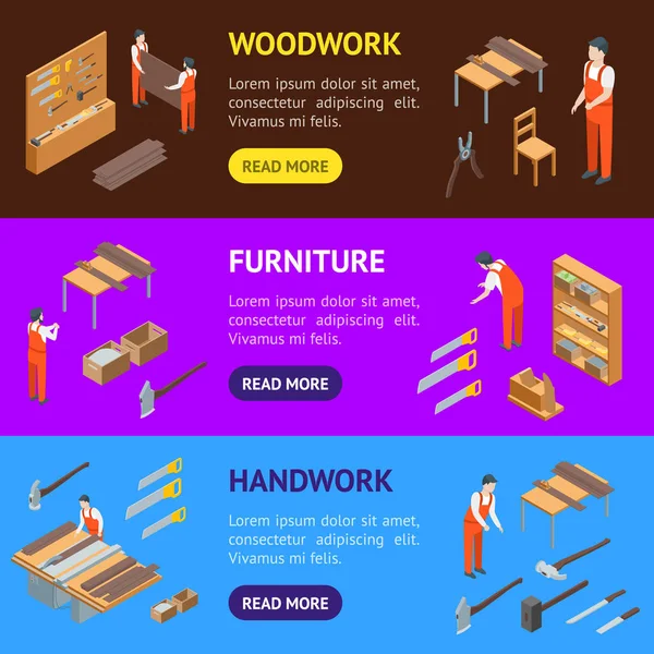 Furniture Makers at Work Banner Horizontal Set Isometric View. Vector