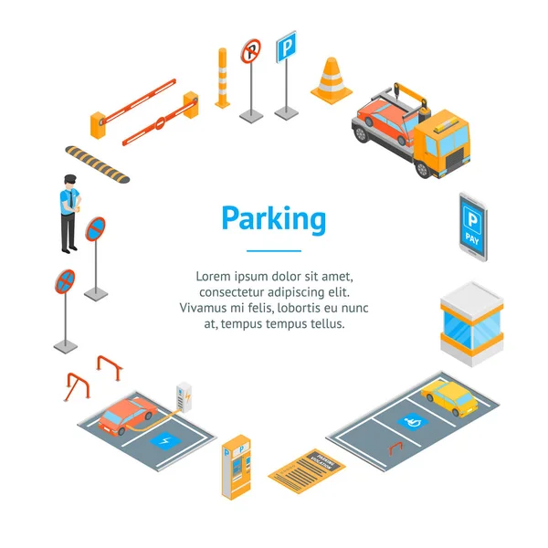 Parking Signs 3d Banner Card Circle Isometric View. Vector — Stok Vektör