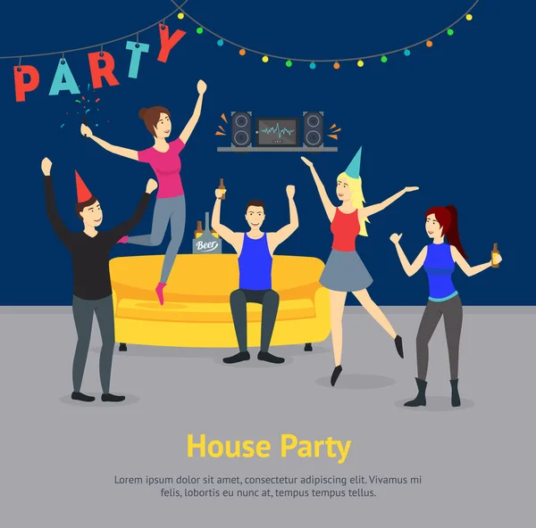 Cartoon Happy People in Party at Home Concept (en inglés). Vector — Archivo Imágenes Vectoriales