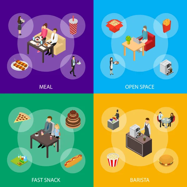 Restaurant Cafe Bar People Banner Set Isometric View Vector Illustration — 图库矢量图片