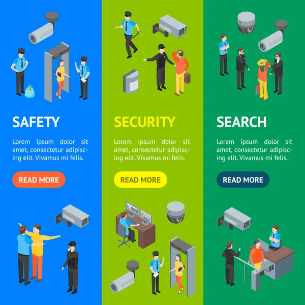 Système de sécurité Personnes et équipement Bannière 3d Vue vectorielle Vue isométrique. Vecteur — Image vectorielle