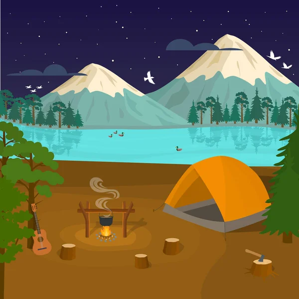 Cartel de caricatura del campamento turístico de verano. Vector — Vector de stock