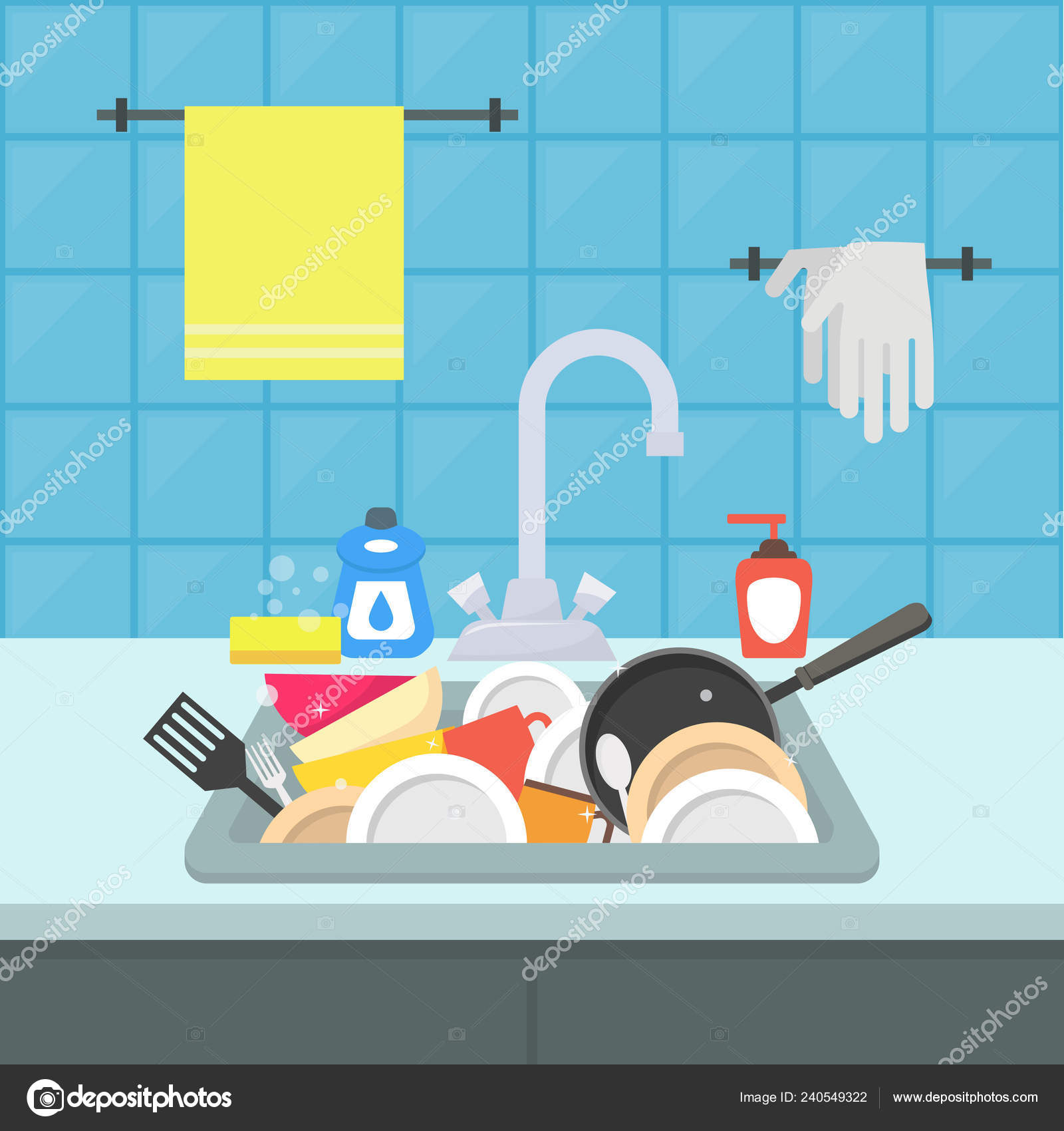 Cartoon Kitchen Sink With Different Kitchenware Vector Vector Image By Bigmouse Vector Stock 240549322