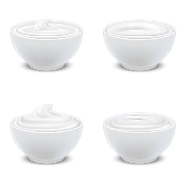 Ρεαλιστική 3d Λεπτομερής White Blank Bowls Sour Cream Πρότυπο Mockup Σετ. Διάνυσμα — Διανυσματικό Αρχείο