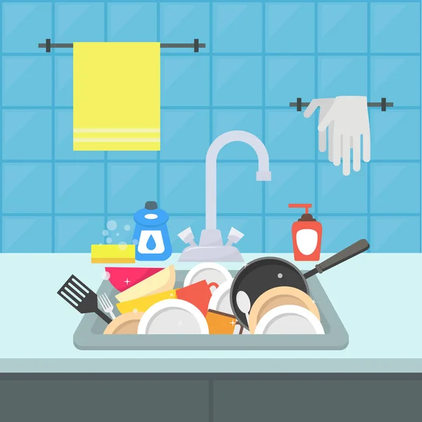 Cartoon Kitchen Sink with Different Kitchenware. Vector — Stock Vector