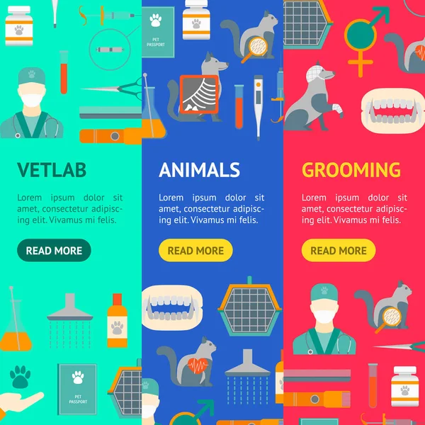 Cartoon Veterinary and Grooming Banner (em inglês). Vetor — Vetor de Stock