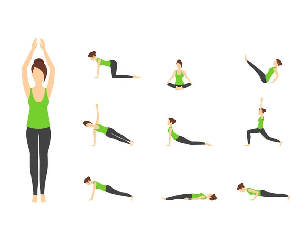 Cartoon vrouw in groene Top Yoga vormt Icons Set. Vector — Stockvector