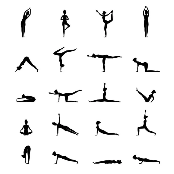 Cartoon silhouet zwart vrouw Yoga Poses Icons Set. Vector — Stockvector