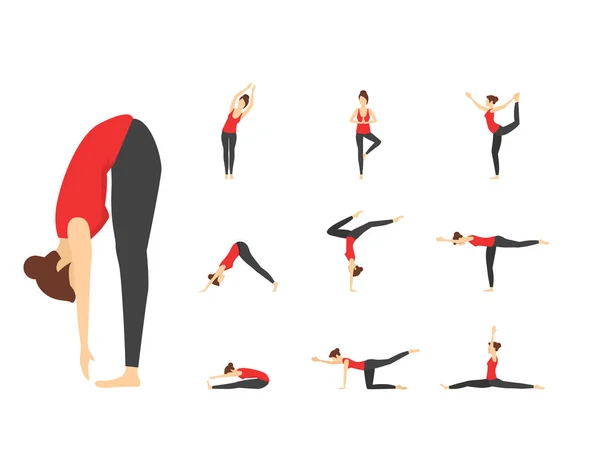 Cartoon vrouw Yoga Poses Icons Set. Vector — Stockvector