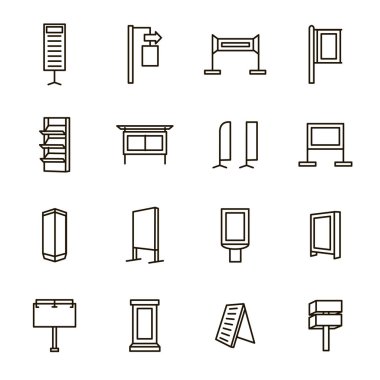 Sergi Stand işaretleri siyah ince çizgi Icon Set. Vektör