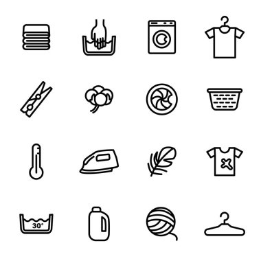 Çamaşırhane işaretleri siyah ince çizgi Icon Set. Vektör