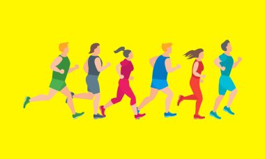 Koşu karakter insanlar üzerinde sarı bir çizgi film. Vektör