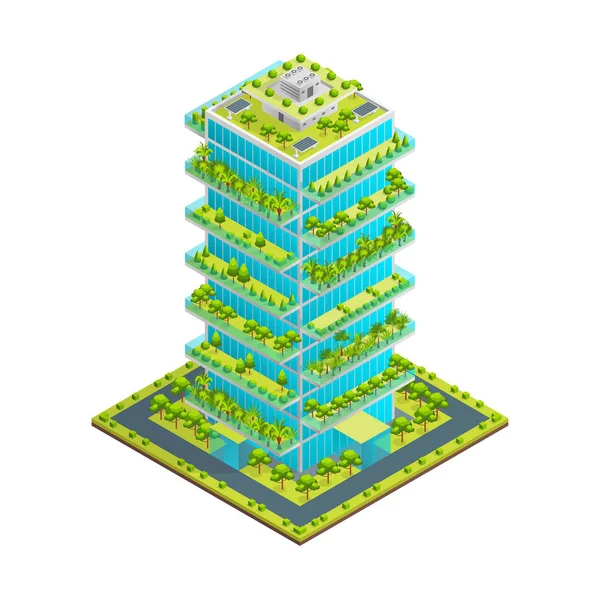 Futuriste gratte-ciel avec Green Roof Concept 3d vue isométrique. Vecteur — Image vectorielle