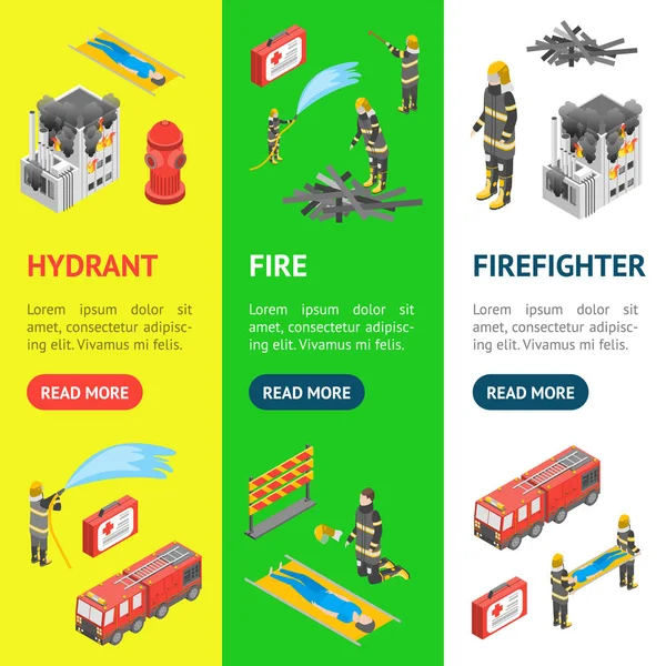 Firefighter and Building on Fire Concept Banner Vecrtical Set 3d Isometric View (dalam bahasa Inggris). Vektor - Stok Vektor