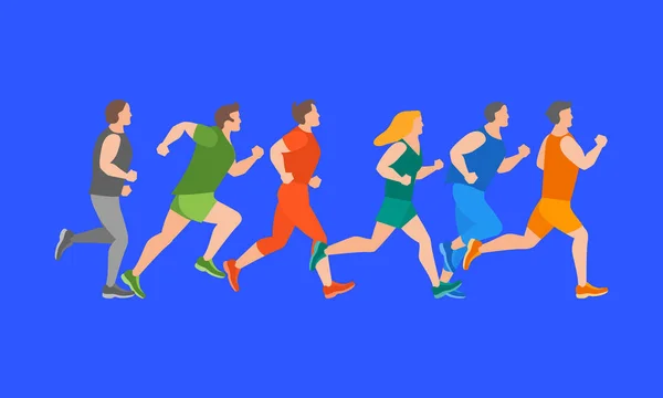 Cartoon-Jogging-Figuren Menschen auf blauem Grund. Vektor — Stockvektor