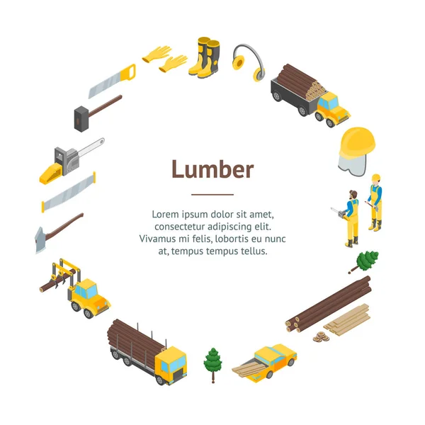 Lumberman Woodcutter Signs 3d Banner Card Circle Vista isometrica. Vettore — Vettoriale Stock