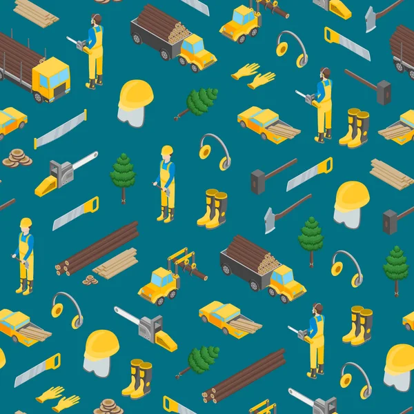 Lumberman Woodcutter Seamless Pattern Background 3d Set Isometric View. Вектор — стоковый вектор