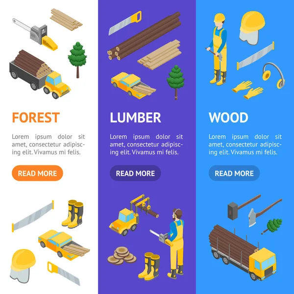 Lumberman Woodcutter signes 3d bannière vectorielle ensemble vue isométrique. Vecteur — Image vectorielle