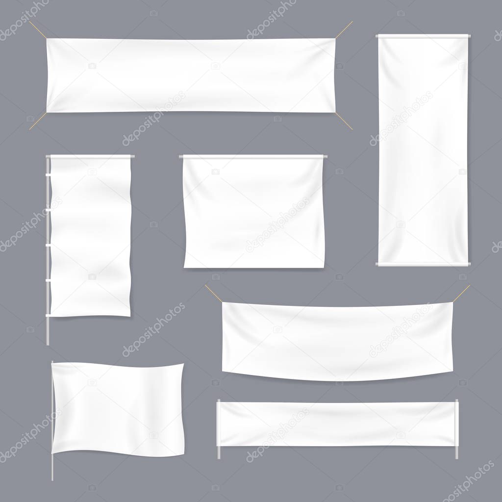 Realistic 3d Detailed White Blank Textile Advertising Banner Template Mockup Set. Vector